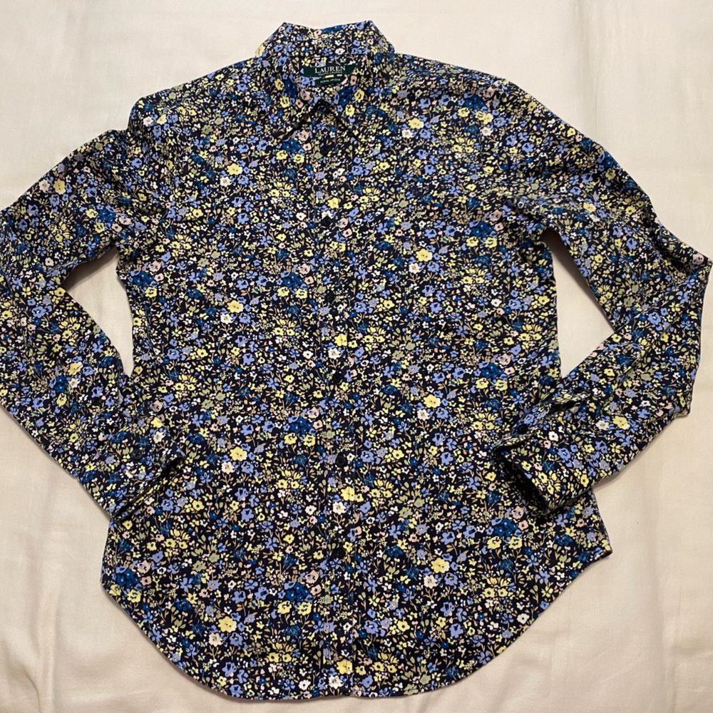 Lauren Ralph Lauren Non Iron Dark  Floral Print Long Sleeve Shirt Size XS